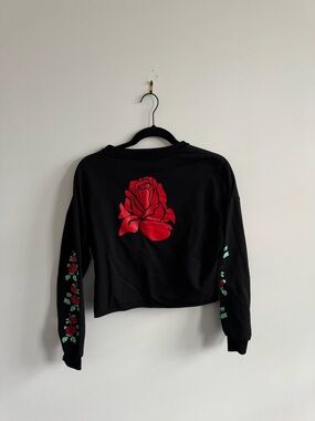 Black Cropped Hoodie with Red Rose Graphic